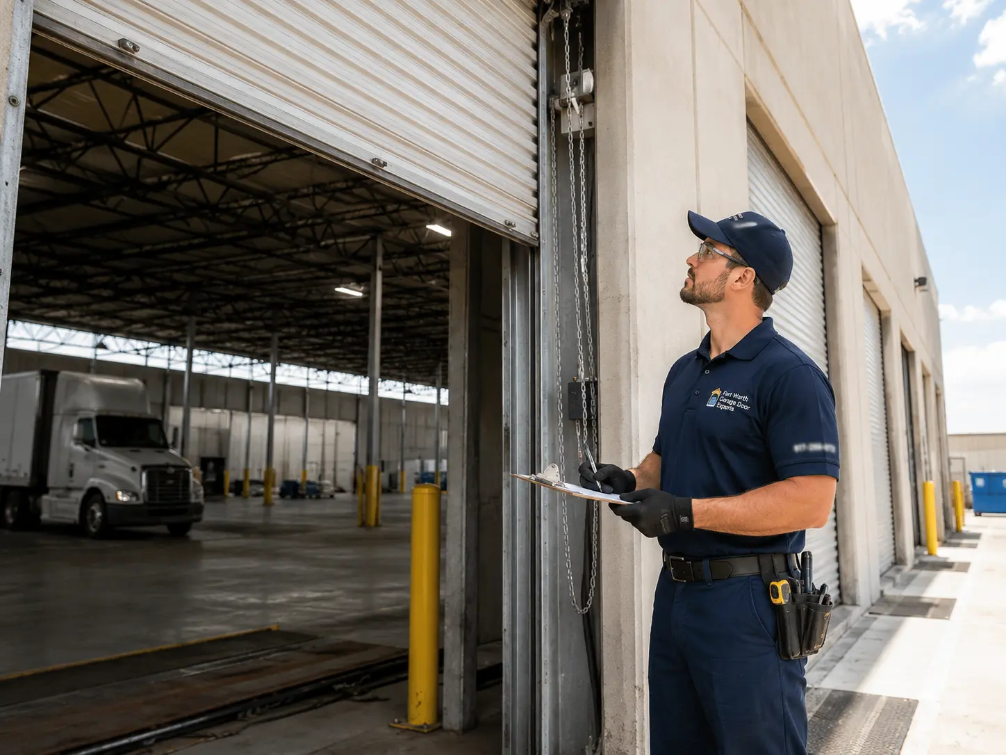 Technician inspecting a commercial rolling garage door