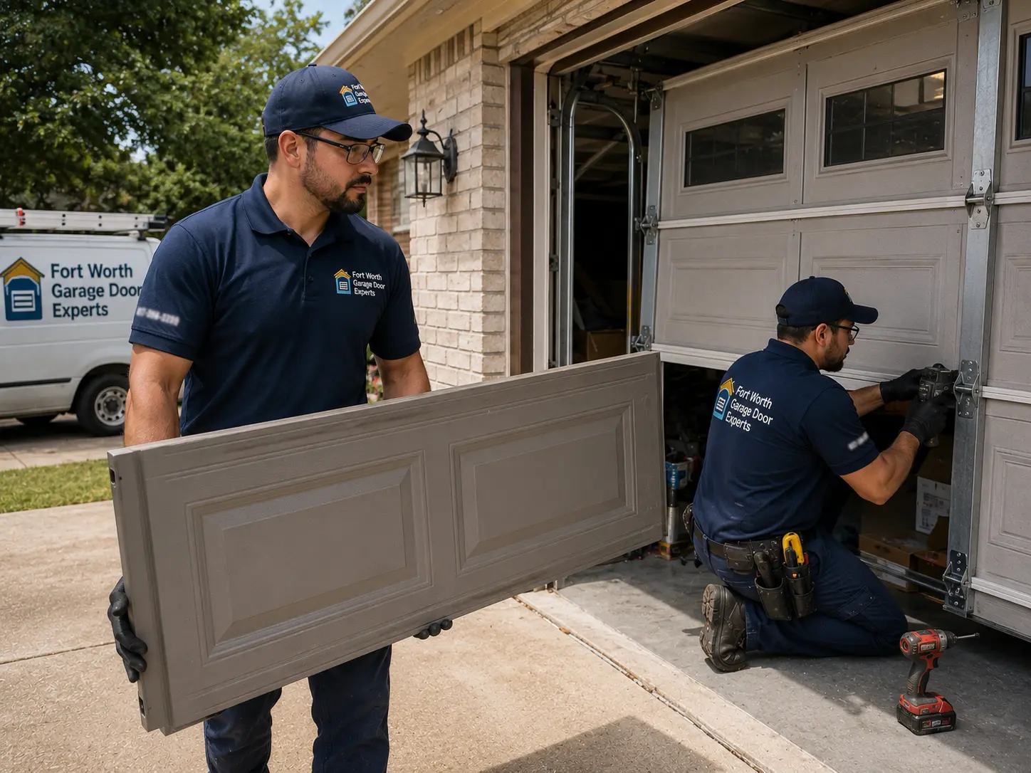 Technicians replacing a damaged residential garage door panel