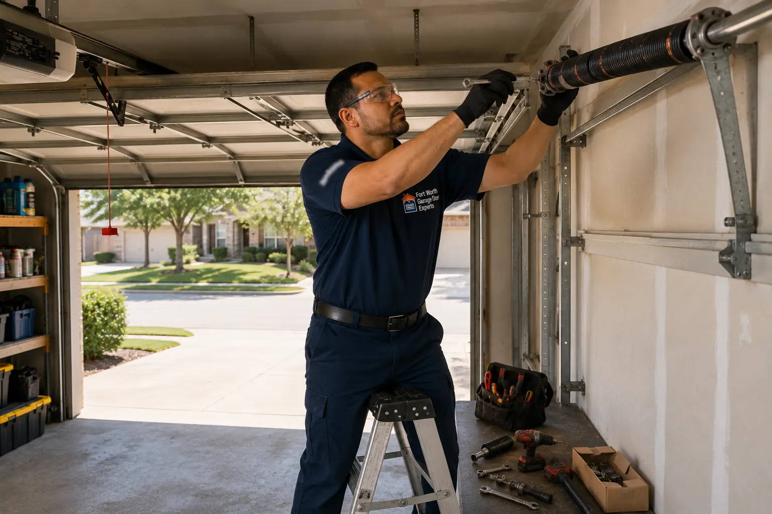Technician inspecting a residential garage door torsion spring