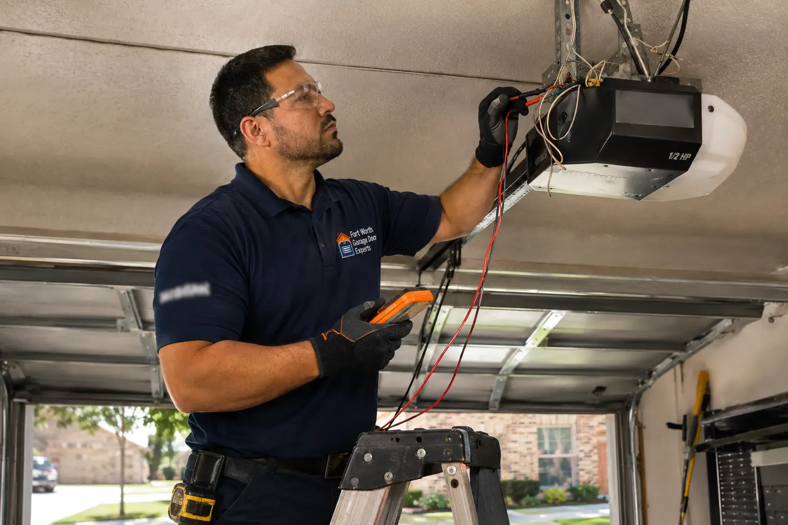 Technician testing a ceiling-mounted garage door opener