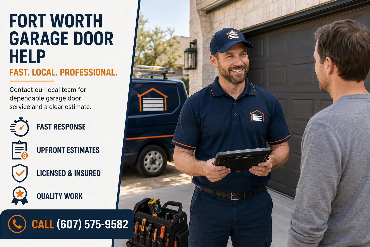 Garage door technician speaking with a homeowner beside a service van