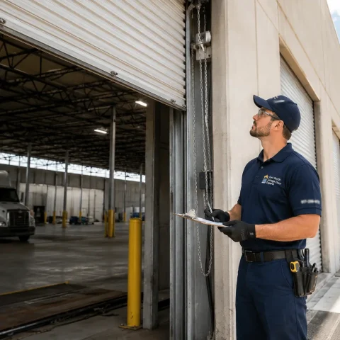 Technician inspecting a commercial rolling garage door