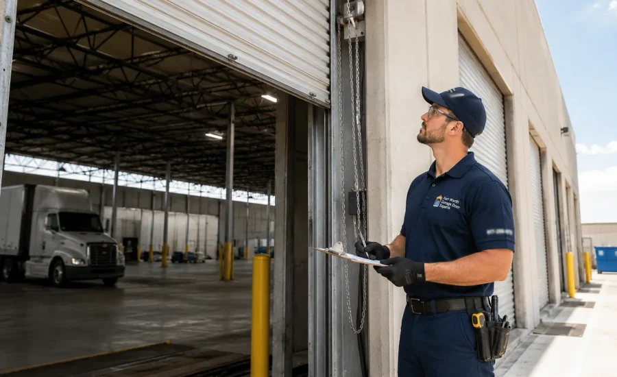 Technician inspecting a commercial rolling garage door