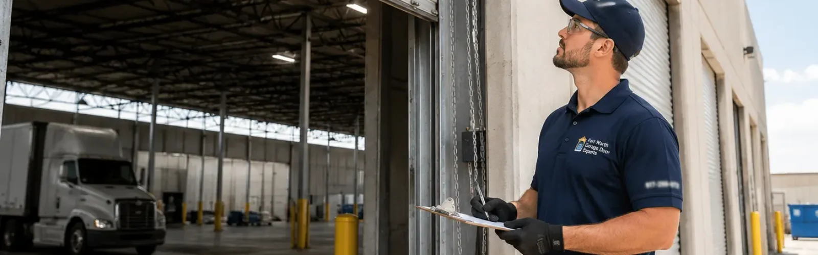 Technician inspecting a commercial rolling garage door