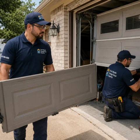 Technicians replacing a damaged residential garage door panel