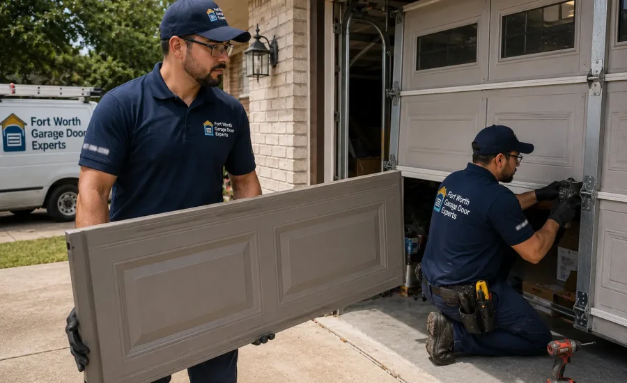 Technicians replacing a damaged residential garage door panel