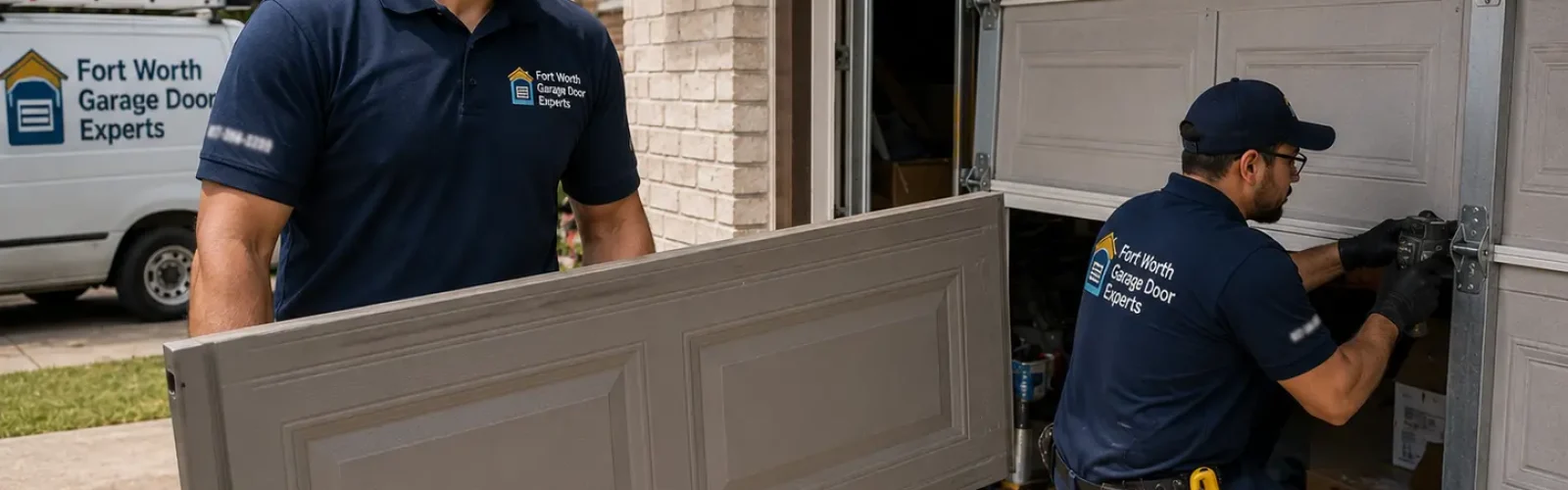 Technicians replacing a damaged residential garage door panel