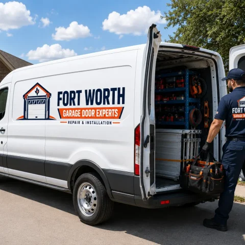 Garage door technician preparing tools beside a service van