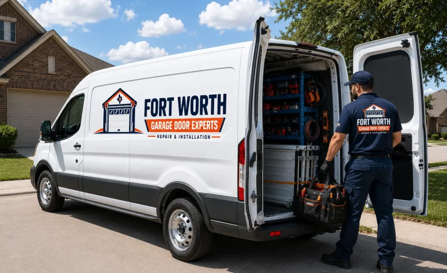 Garage door technician preparing tools beside a service van