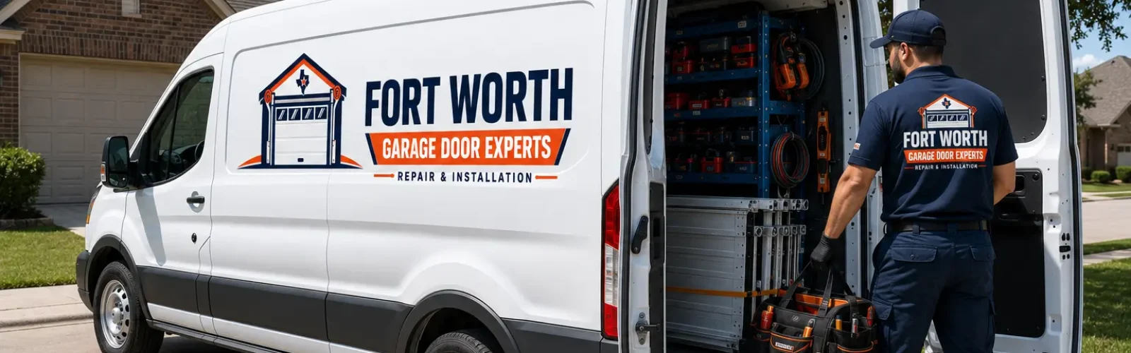 Garage door technician preparing tools beside a service van