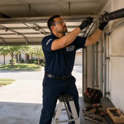 Technician inspecting a residential garage door torsion spring
