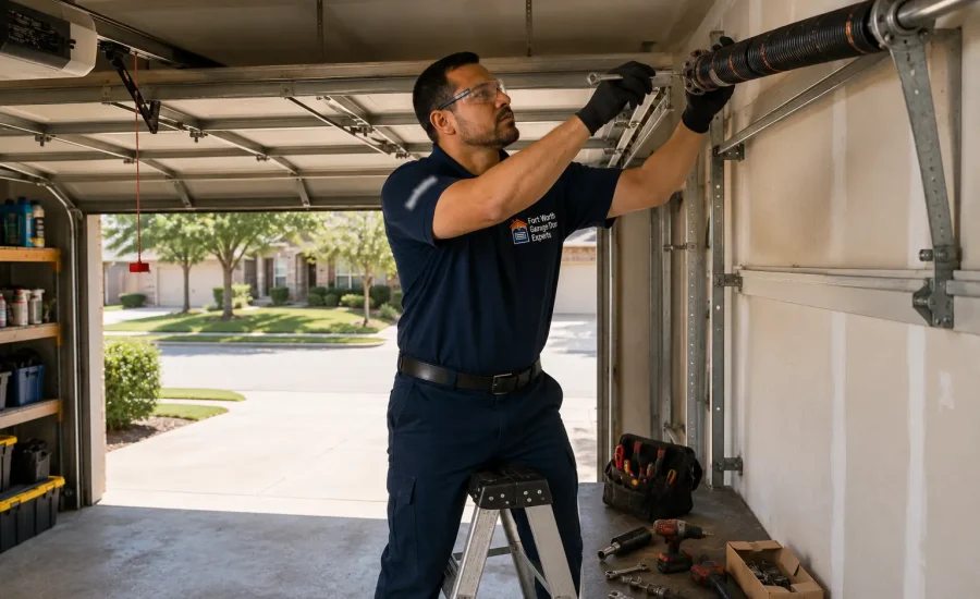 Technician inspecting a residential garage door torsion spring