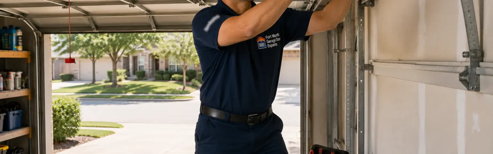 Technician inspecting a residential garage door torsion spring