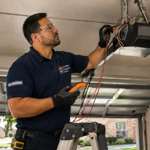 Technician testing a ceiling-mounted garage door opener