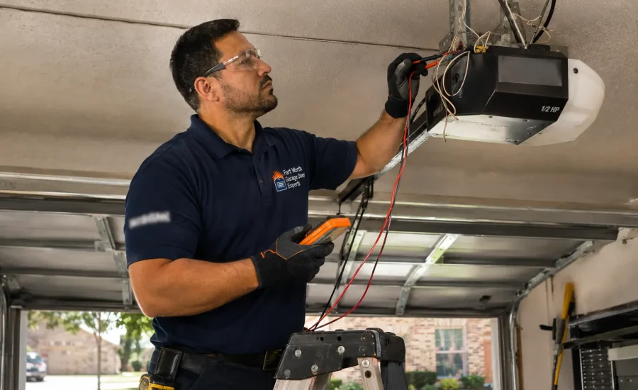 Technician testing a ceiling-mounted garage door opener