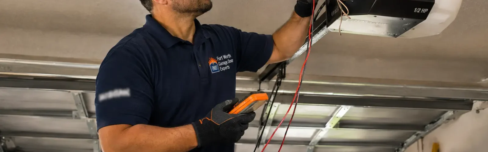 Technician testing a ceiling-mounted garage door opener